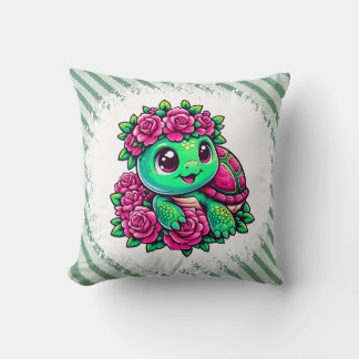 Glad grön sköldpadda med rosa rosor kudde