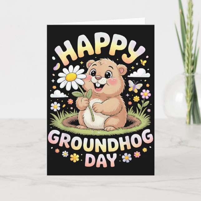 Glad Groundhog Day 2026 Söt Groundhog Med Blomma Kort (Framsida)