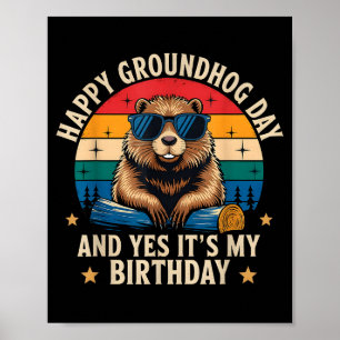 Glad Groundhog Day Födelsedag Rolig Retro Solnedgå Poster