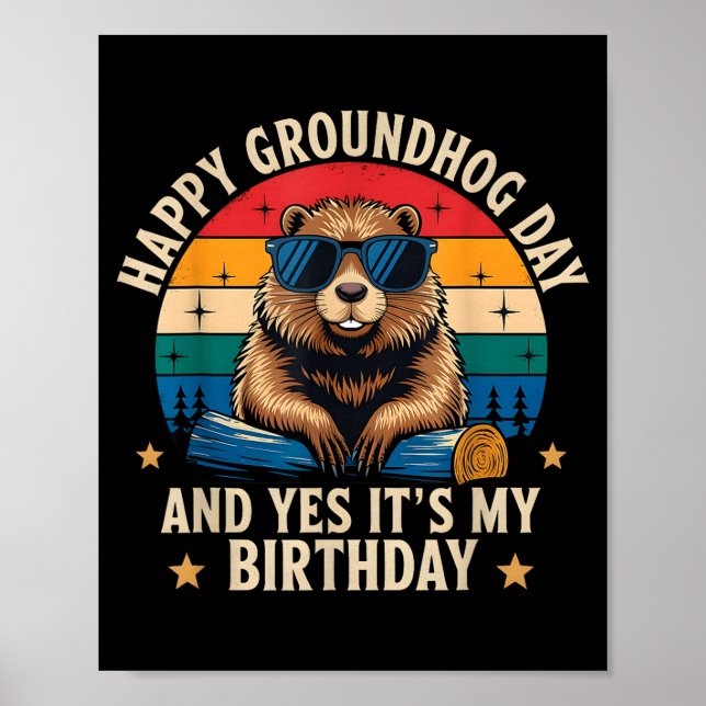 Glad Groundhog Day Födelsedag Rolig Retro Solnedgå Poster (Framsidan)
