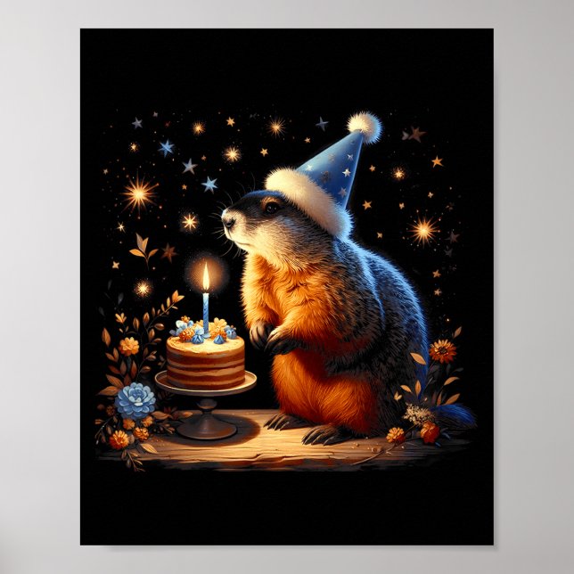 Glad Groundhog Day Murmeldjur Med Födelsedagstårta Poster (Framsidan)