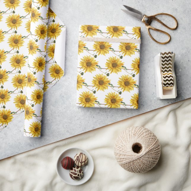 Glad gul och vit blommönstrad hantverk eller  presentpapper (Hantverk)