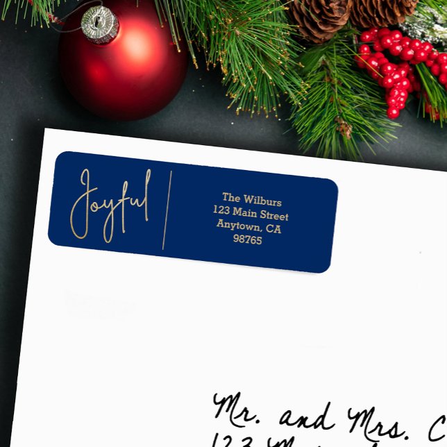 GLAD Guld och Blå Jul Returadress Etikett (JOYFUL Faux Gold Foil on Blue Return Address Labels)