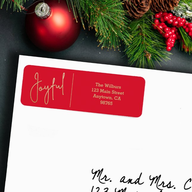 GLAD Guld och Röd Jul Returadress Etikett (JOYFUL Faux Gold Foil on Red Return Address Labels)
