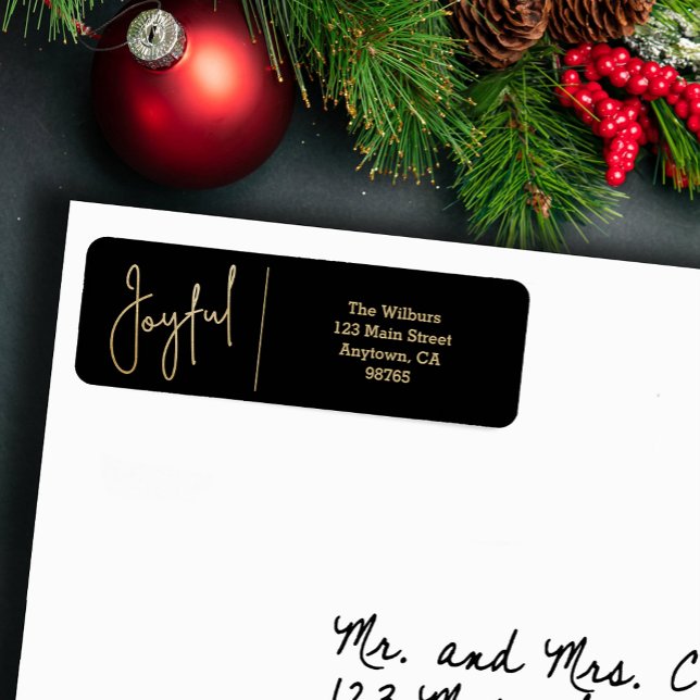 GLAD Guld och Svart Jul Returadress Etikett (JOYFUL faux gold foil script on black return address labels)