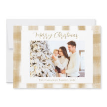 Glad gyllene gingham-rutig familje jul foto
