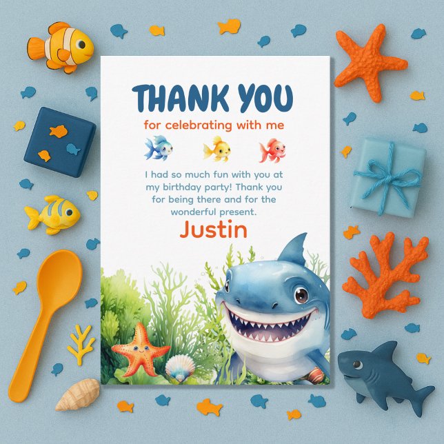 Glad haj under havet födelsedags tack kort (Happy Shark Under the Sea birthday party thank you card)