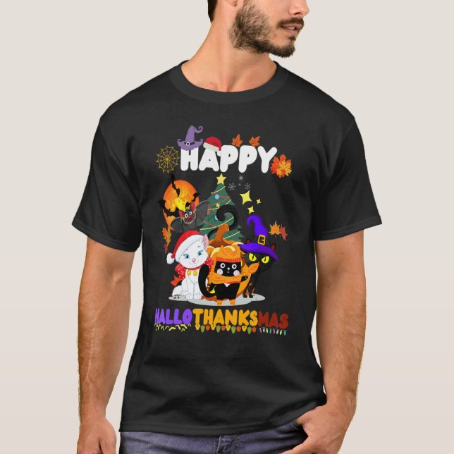 Glad Hallothanksmas Katter Häxa Tomte Hatt Pumpa T Shirt (Framsida)