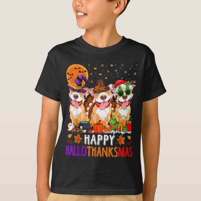 Glad Hallothanksmas Pitbull Hund Halloween T Shirt (Framsida)