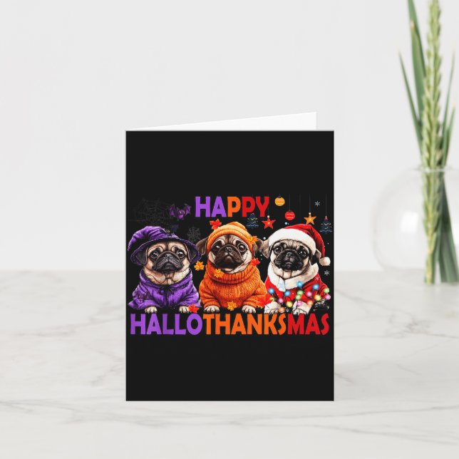 Glad Hallothanksmas Rolig Mops Halloween Tackgivni Kort (Framsida)
