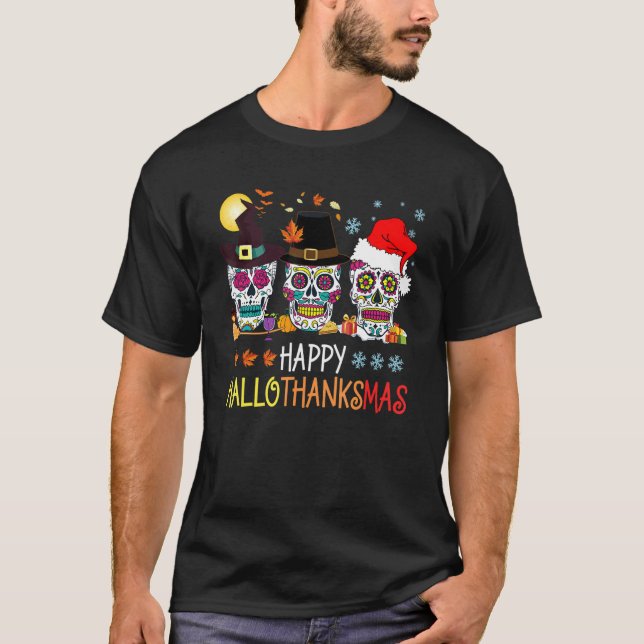 Glad Hallothanksmas Socker Skalle Halloween Tack T Shirt (Framsida)