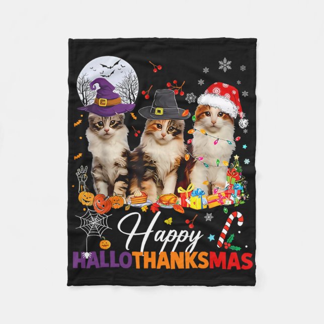Glad Hallothanksmas Söta Katter Halloween Tackgive Fleecefilt (Framsidan)