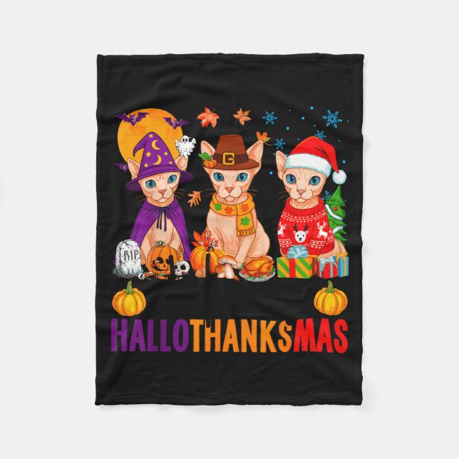 Glad Hallothanksmas Sphynx Katter Halloween Tack Fleecefilt (Framsidan)