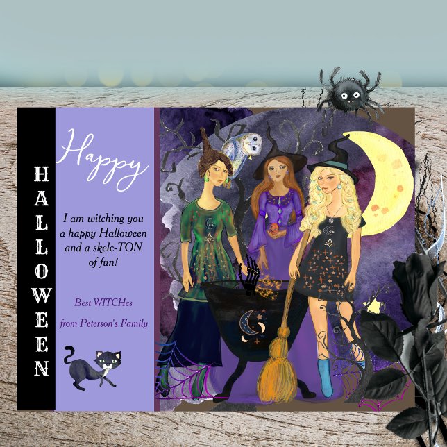 Glad Halloween 3 Häxor Whimsical Illustration Helg Vykort (Halloween Best Witches Holiday Postcard )