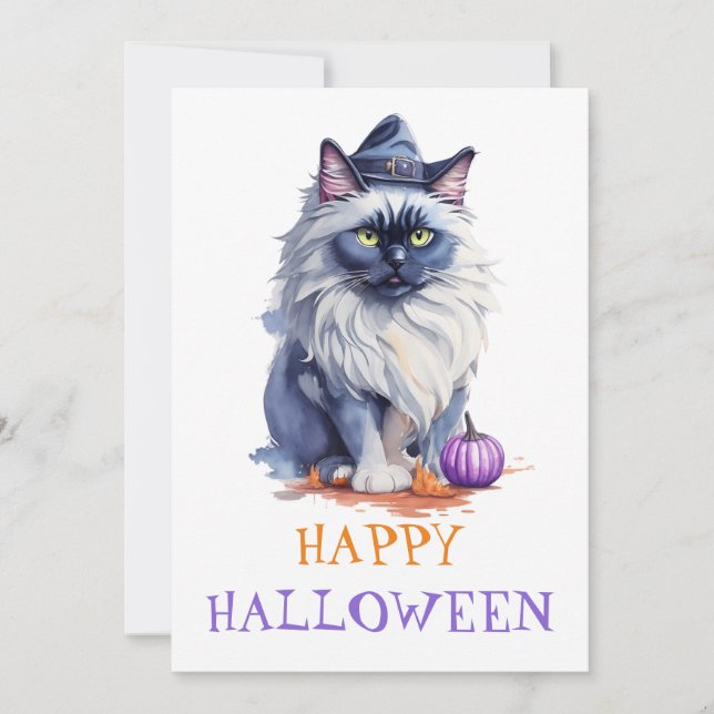 Glad Halloween akvarelltavla av birman katt i häxh Julkort (Framsida)
