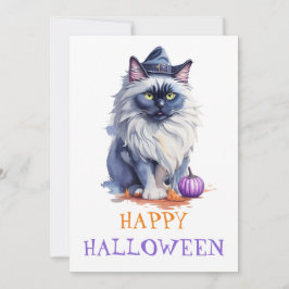 Glad Halloween akvarelltavla av birman katt i häxh Julkort