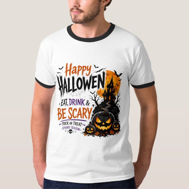 Glad Halloween Ät Drick Skräck Ringar T-Shirt (Framsida)