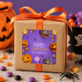 Glad Halloween Barn Favor Lila Pumpa Godis Fyrkantigt Klistermärke
