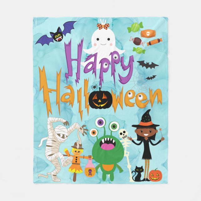 Glad Halloween barn söta och läskiga akvarell   Fleecefilt (Framsidan)