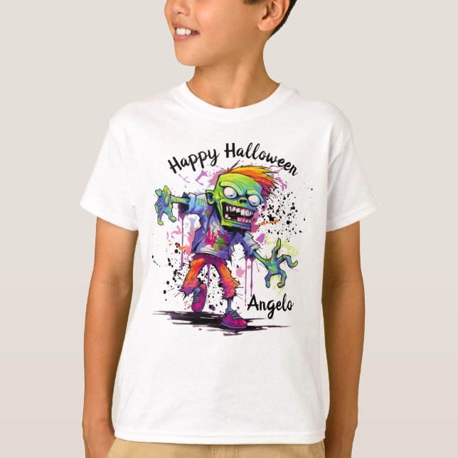 Glad Halloween Barn Zombie Färgglad T Shirt (Framsida)