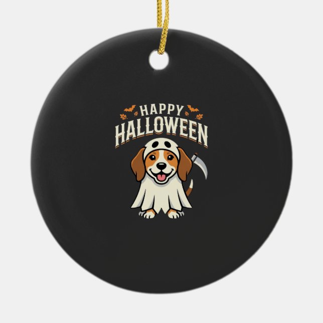 Glad Halloween Beagle Hund Design_1 Julgransprydnad Keramik (Framsidan)