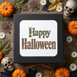 Glad Halloween Blommig Utbroderad Pumpa Botanik Fyrkantigt Klistermärke