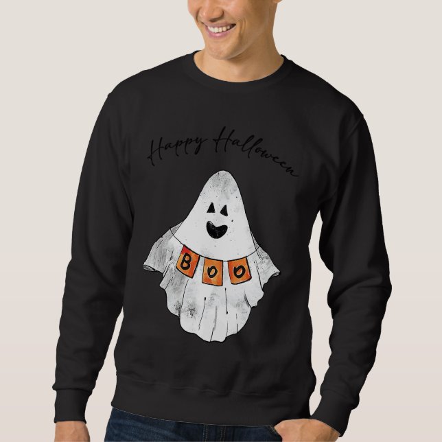GLAD HALLOWEEN Boo Ark Blåsig Halloween Lång Ärmad Tröja (Framsida)