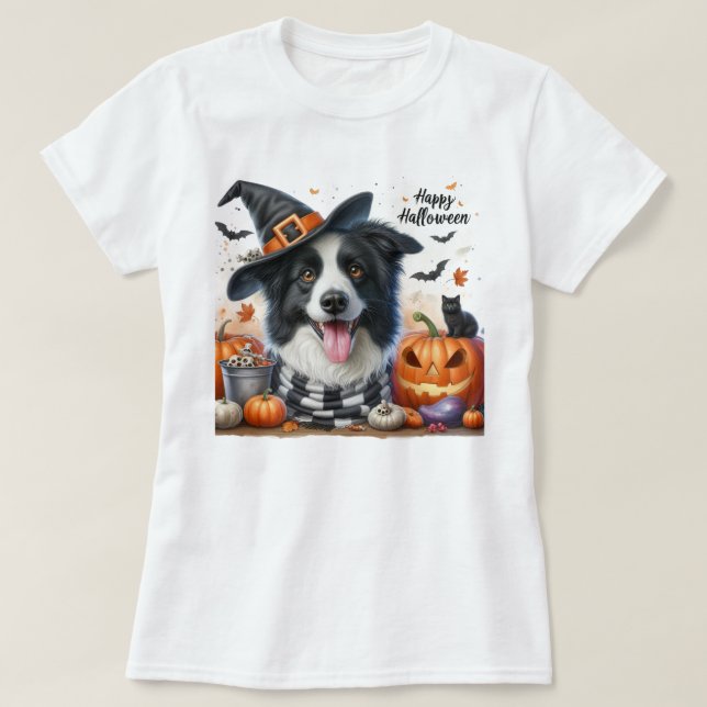Glad Halloween Border Collie Hundälskare T Shirt (Design framsida)