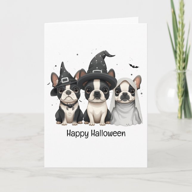 Glad Halloween Boston Terrier Hundar Helgkort (Framsida)