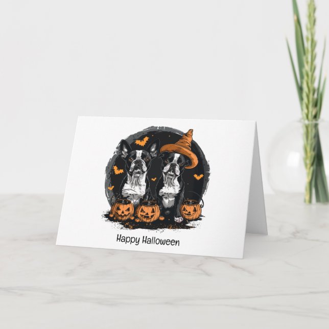 Glad Halloween Boston Terrier Hundar Helgkort (Framsida)