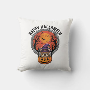 Glad Halloween Bulldog Häxa Pumpa Vintage T-Shirt Kudde
