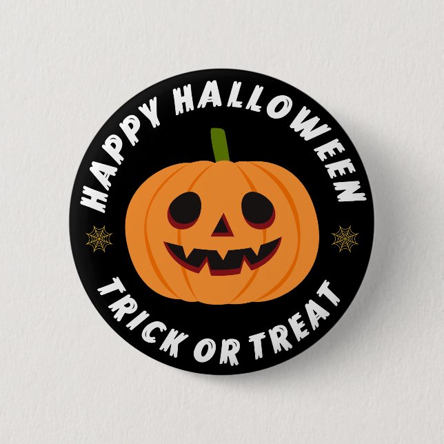 Glad Halloween Bus eller Godis Pumpa Svart Knapp (Framsida)