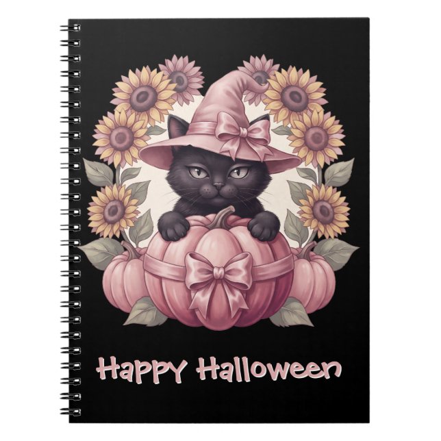 Glad Halloween Coquette Svart Katt & Rosa Pumpa Anteckningsbok (Framsidan)