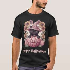 Glad Halloween Coquette Svart Katt & Rosa Pumpa T Shirt