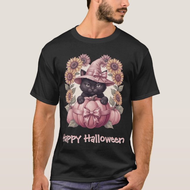 Glad Halloween Coquette Svart Katt & Rosa Pumpa T Shirt (Framsida)