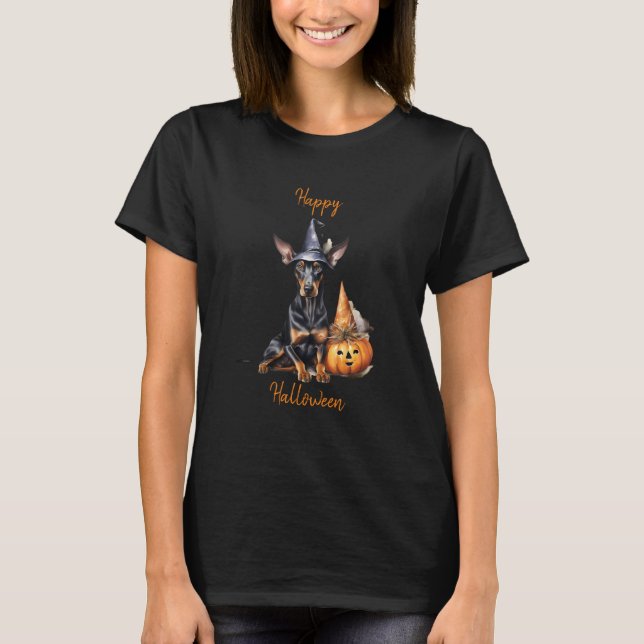 Glad Halloween Dobermann Pinscher Häxa T Shirt (Framsida)