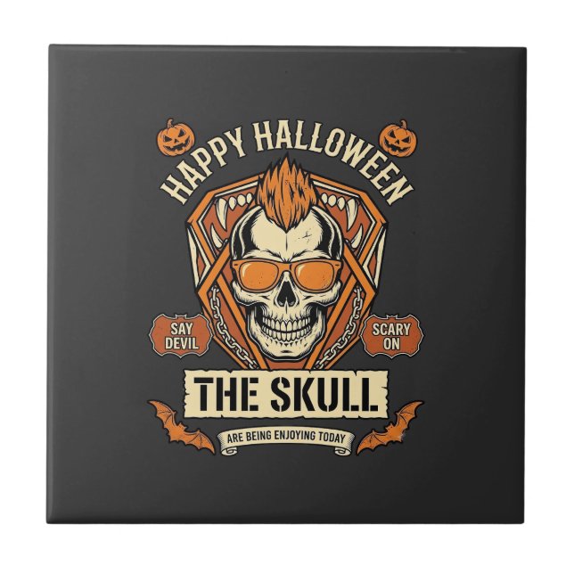 Glad Halloween Dödskalle Mohawk Solglasögon Pumpa  Kakelplatta (Framsidan)