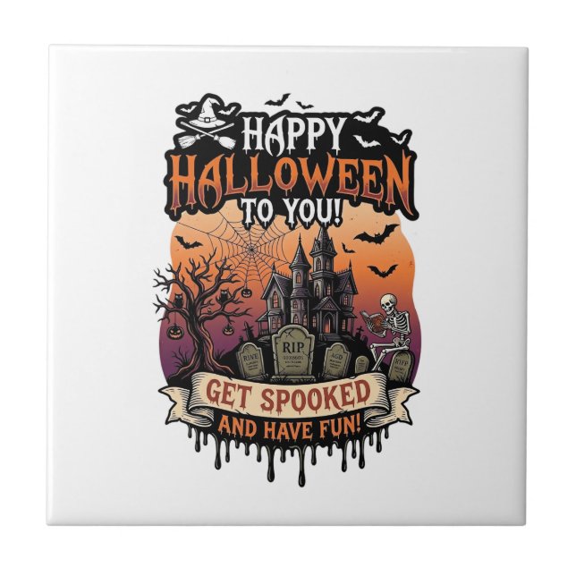 Glad Halloween Du Hemsökta Hus Skelett Fladdermöss Kakelplatta (Framsidan)