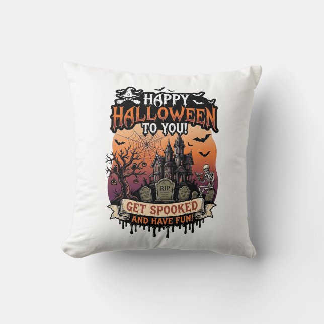Glad Halloween Du Spökhus Skelett Fladdermöss_1 Kudde (Framsida)