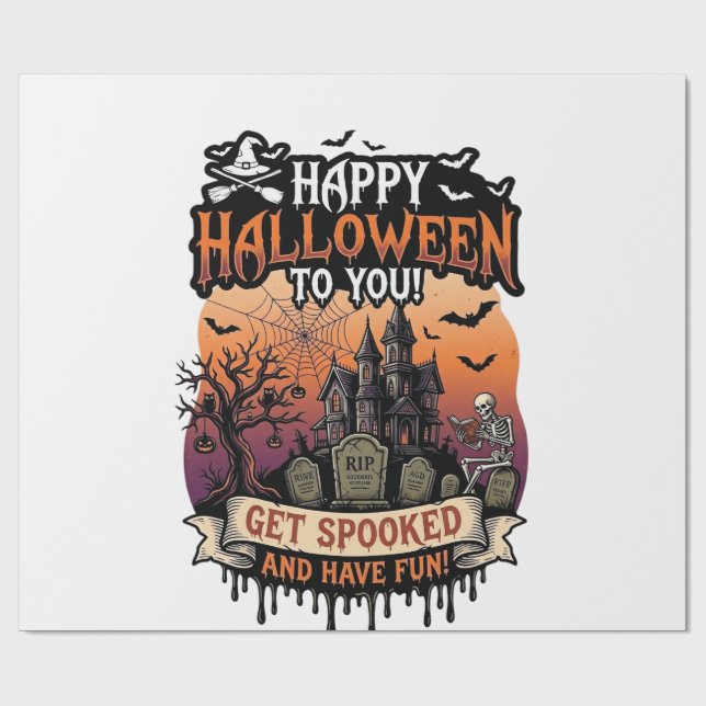 Glad Halloween Du Spökhus Skelett Fladdermöss_1 Presentpapper (Platt)