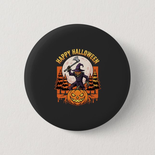 Glad Halloween Fågelskrämma Jack O Lantern Vektor Knapp (Framsida)