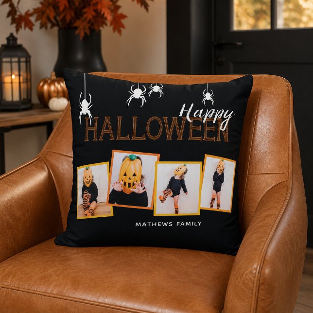 Glad Halloween familjefotocollage Kudde (Turn your favorite Halloween memories into delightfully spooky décor with this personalized photo )