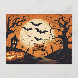 Glad Halloween Fladdermöss flygande över kyrkogård Helg Vykort