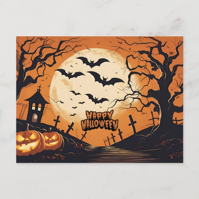 Glad Halloween Fladdermöss flygande över kyrkogård Helg Vykort (Framsida)
