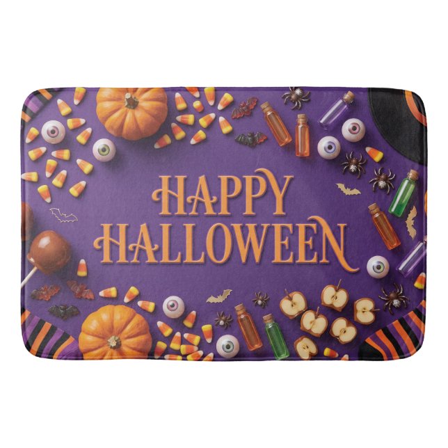 Glad Halloween Flat Lay Hälsning på Lila Badrumsmatta (Framsidan)