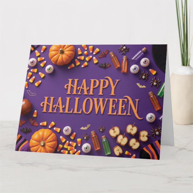 Glad Halloween Flat Lay Hälsning på Lila Kort (Framsida)
