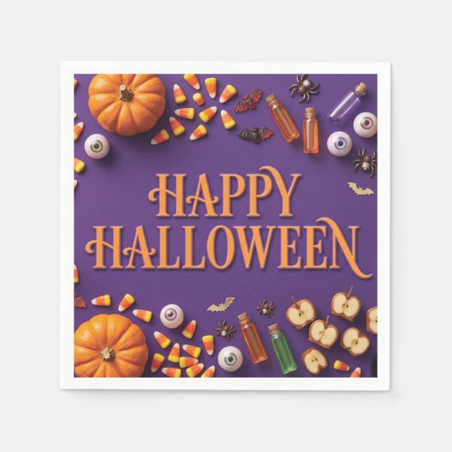 Glad Halloween Flat Lay Hälsning på Lila Pappersservett (Framsidan)