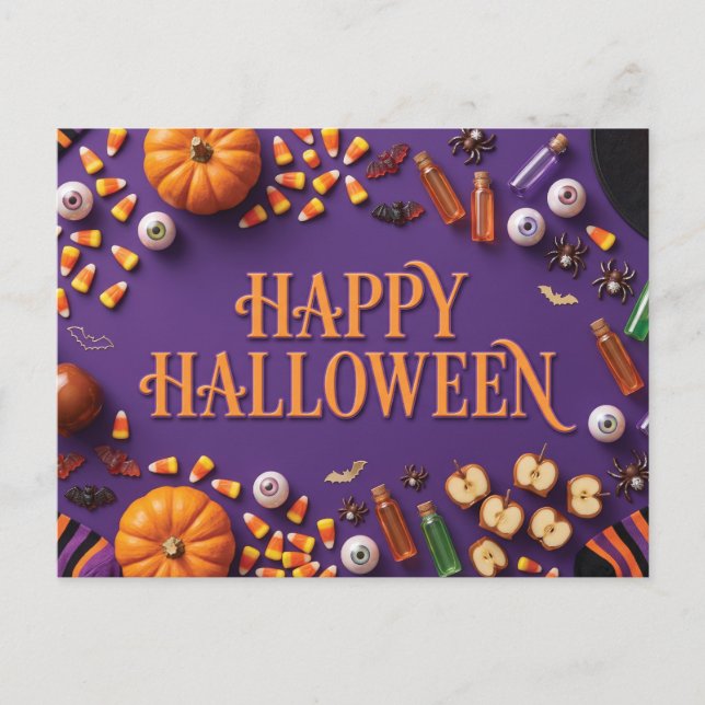 Glad Halloween Flat Lay Hälsning på Lila Vykort (Framsida)