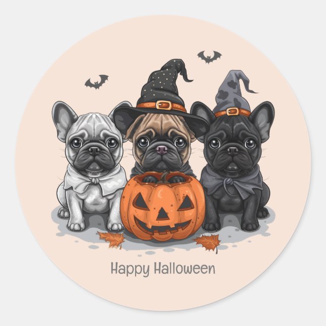 Glad Halloween French Bullhund Runt Klistermärke (Framsida)