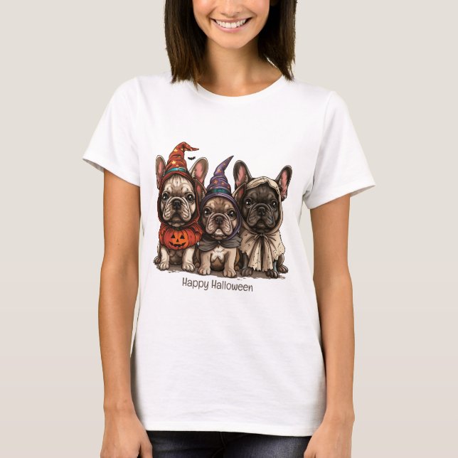 Glad Halloween French Bullhund T Shirt (Framsida)